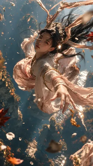 A young East Asian woman in pale-pink Hanfu falling through a misty mountain gorge with dramatic lighting and swirling petals.