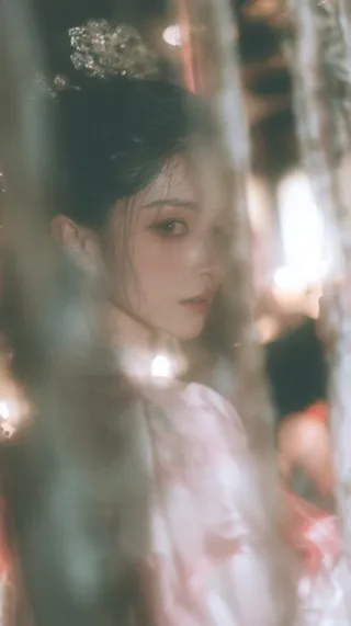 A full-body shot of an East Asian woman in Tang dynasty attire, seen through sheer curtains, turning back with a soft gaze, creating a dreamy, hazy, and candid atmosphere.