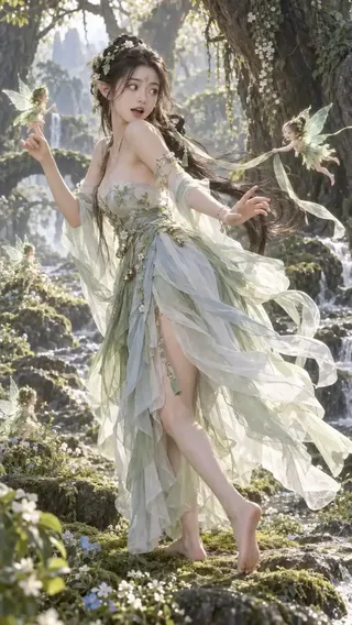 Full body shot of a young adult East Asian elf woman with pointed ears, wearing layered light green and white ancient Chinese-style elf dress, surprised as a tiny glowing sprite flies up from her feet in a misty, magical forest.