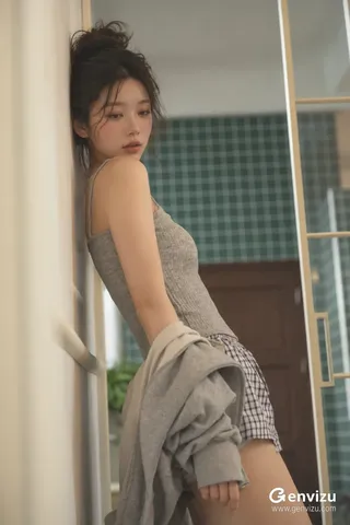 A vertical photorealistic portrait of a young East Asian woman leaning against a cream doorway in soft morning light, wearing a ribbed camisole and checkered shorts.