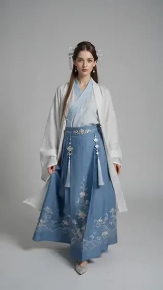 AI-generated model wearing various traditional Chinese Hanfu outfits in a digital fashion show sequence.
