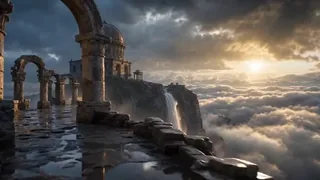 Cinematic video of an ancient observatory on a cliff edge above clouds, with a waterfall cascading into the mist, illuminated by dramatic sunrise golden light.