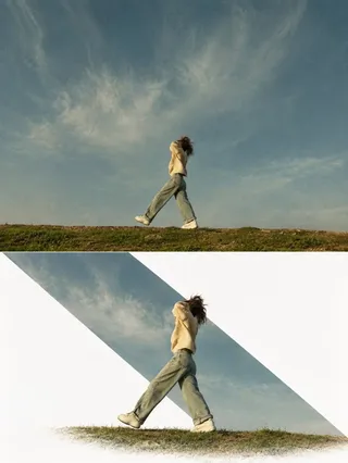 An editorial poster design with a split vertical layout, showing an original photograph in the upper half and a reconstructed subject with a geometric color field in the lower half.