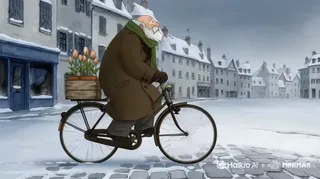 2D hand-drawn animation of an old man in a brown coat and green scarf riding a bicycle with a wooden box of flowers, transforming a grey winter town into a colorful spring scene.