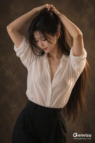 Photorealistic vertical portrait of a young East Asian woman gathering her long dark hair against a warm dark studio wall.