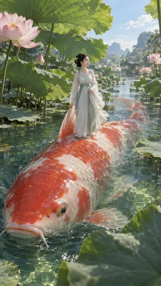 A woman in flowing Hanfu clothing stands beside a massive, gentle creature, her hand touching its body. The scene emphasizes their contrasting sizes and a peaceful, trusting connection.
