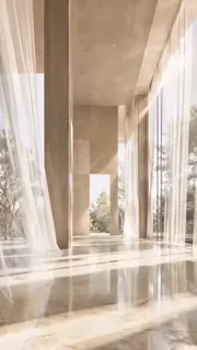 Elegant woman in minimalist hall bathed in golden sunlight, with a luxury serum bottle nearby.