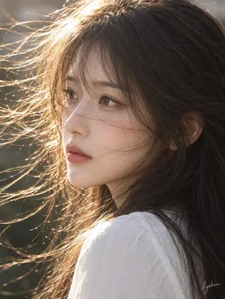 A close-up vertical photographic portrait of an East Asian woman with dark hair, illuminated by strong warm backlighting from the upper left against a dark blurred background.