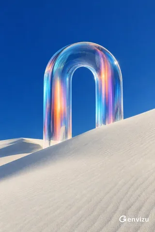 A monumental, transparent U-shaped arch made of resin-glass stands between sand dunes under a vast, deep cobalt blue sky. Internal light glows with cyan, orange, pink, and violet hues, with subtle light trails.