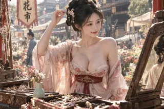 Photorealistic medium shot of a stunning young woman in Tang-Dynasty hanfu trying on a flower hairpin in front of a mirror at an ancient market.