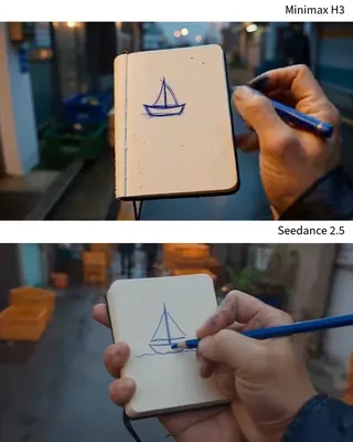 Side-by-side comparison of AI-generated art in a hand-drawn style, created by Seedance 2.5 and Minimax H3 models.