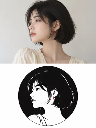 Vertical composition: top half shows a realistic portrait, bottom half shows a minimalist black and white logo derived from the portrait's subject, with a clean, modern aesthetic.