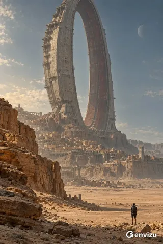 A 2:3 vertical sci-fi environment art piece featuring a vast desert with a weathered cliff and a densely packed settlement. A colossal, eccentric elliptical ring structure dominates the sky, with a lone traveler in the foreground. The scene has a retro film tone with realistic textures and a sense of immense scale, desolation, and awe.