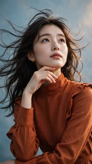 Medium-shot portrait of a young East Asian woman with dark, wind-blown hair, wearing a rust-orange high-necked blouse, with her chin resting on her hand, against a blue-grey gradient background.