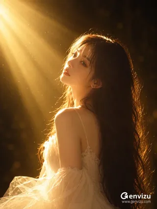 A cinematic portrait of an East Asian woman looking back over her shoulder in warm amber light.