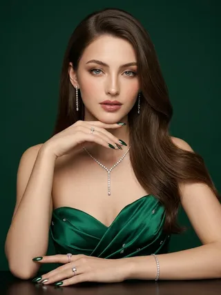 Luxury beauty editorial portrait of a young woman with dark hair in an emerald-green satin gown and diamond jewelry.