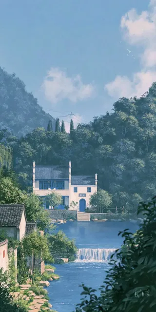 A serene riverside village nestled among lush green mountains in a nostalgic Ghibli anime illustration style.
