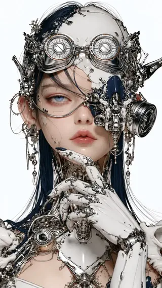 Close-up portrait of an East Asian cyborg woman with chrome headgear, ceramic hands, and intricate mechanical details on a white background.