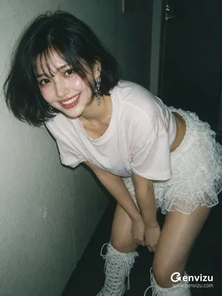 Adult woman with a short black bob and a bright smile, leaning toward the camera in a white ruffled skirt under direct flash.