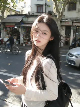 A candid morning street photo of a young woman with long black hair standing by the roadside in bright sunlight, with a fresh Japanese aesthetic.