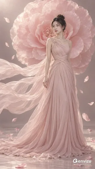 Full-length portrait of an East Asian woman in a blush couture gown, standing in front of a giant camellia flower. She has her head turned slightly to the side, and sheer chiffon streamers flow from her dress.