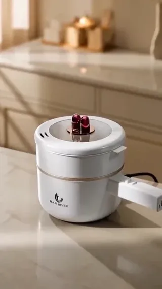 A premium HAN RIVER 2L electric cooking pot is showcased in a warm, cozy kitchen, highlighting its design and cooking capabilities in a lifestyle advertisement.