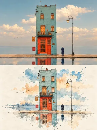 Vertical split image showing high-end photography on top and minimalist Eastern ink wash reconstruction on the bottom with vast negative space.
