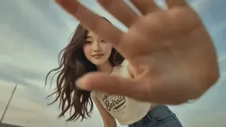 Cinematic fashion video stills of a young Asian woman in urban and cafe settings.