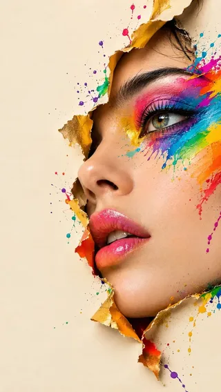 Close-up portrait of a woman's face breaking through torn cream paper, featuring a vibrant rainbow paint splash over her eye and glossy lips.