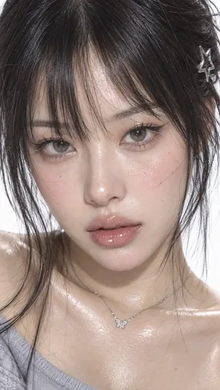 Extreme close-up portrait of a young East Asian woman with dewy skin, glossy lips, cat-eye eyeliner, and Y2K-style bangs, looking directly at the camera with a calm expression.