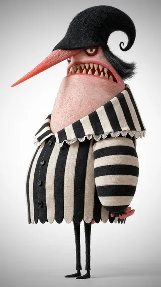 A detailed 3D render of a grotesque, whimsical character with a long nose in stop motion animation style.
