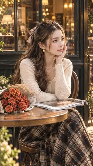 A beautiful East Asian woman with long brown hair sits at a rustic Parisian cafe table, wearing a cream cardigan and plaid skirt, with chrysanthemums and a magazine on the table, bathed in golden hour light.