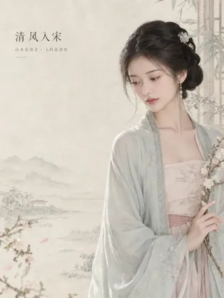 A cinematic poster featuring an elegant East Asian woman in Song-dynasty Hanfu against a minimalist textured background with Chinese typography.