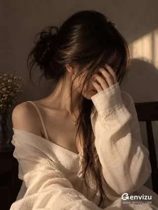 An intimate editorial portrait of a young East Asian woman with her head bowed and hand near her forehead in warm daylight.