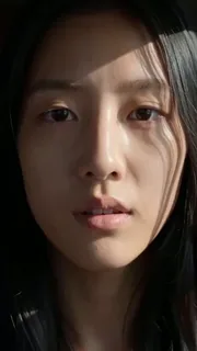 Close-up selfie video still of a young Asian woman's face, eyes, nose, and lips illuminated by strong side-front sunlight, with a blurred background and authentic skin texture.