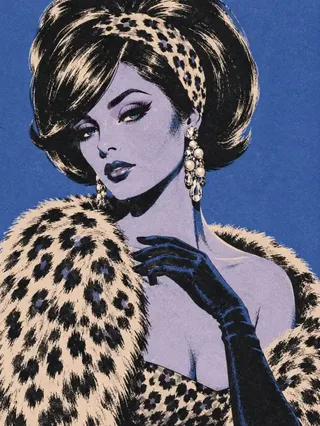 Vintage 1960s risograph fashion illustration of an elegant woman with a bouffant bob, leopard-print stole, and dramatic makeup.