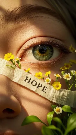 Close-up macro photograph of a green-hazel eye with a golden center, surrounded by delicate wildflowers and hands wrapped in frayed linen bandages, with the word 'HOPE' visible on the fabric. Warm sunlight illuminates the scene, emphasizing themes of healing and hope.