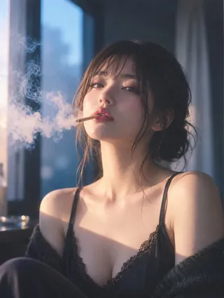 A young woman with dark hair in a low bun sits by a blue window, exhaling thin smoke with contrasting cool and warm lighting.