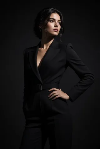 Cinematic studio portrait of a sophisticated woman in a tailored black jumpsuit with dramatic moody lighting against a dark background.