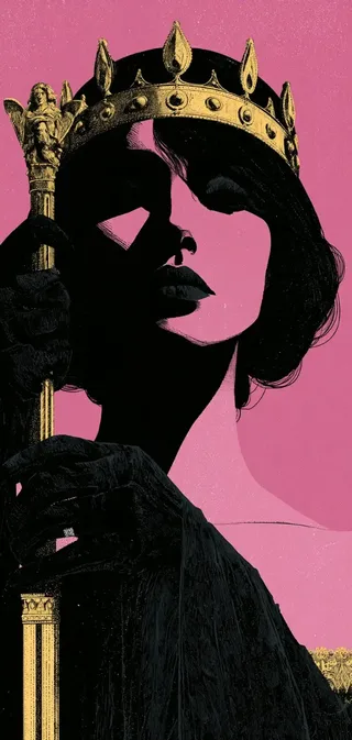A queen wearing a golden crown and holding a scepter, depicted in a dramatic silhouette illustration with bold black and pink colors.