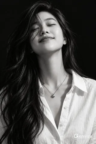 Monochrome portrait of a person with eyes closed, subtle smile, and delicate necklace against a dark background.