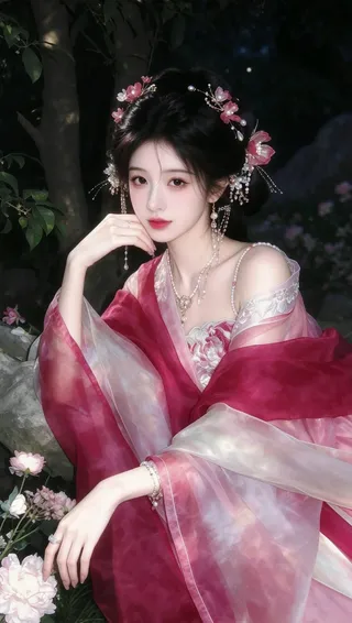 A refined East Asian woman in haute couture Chinese style dress sitting in a dark garden, illuminated by soft front lighting with pearls and pink flowers in her hair.