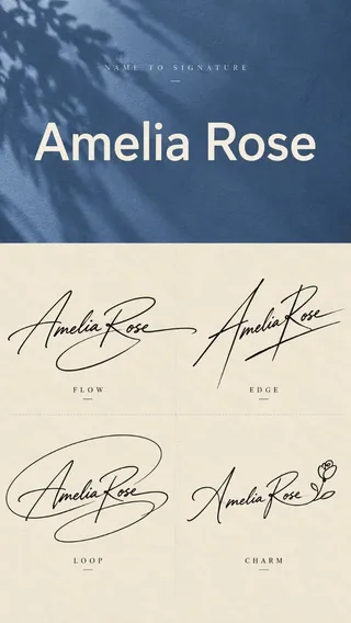 Vertical design sheet showing a typed name above a 2x2 grid of four distinct handwritten signature styles.