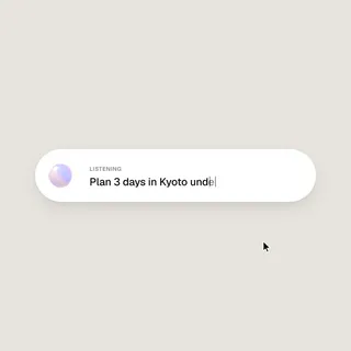 Animation showcasing an AI chat interface planning a Kyoto trip. A glowing, iridescent orb morphs and interacts with a clean UI as a cursor guides the planning and booking process.