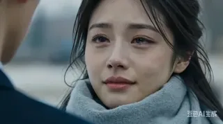 Close-up of a young woman's face, eyes glistening with unshed tears, lips slightly downturned, framed by soft winter light and blowing hair. Cinematic, emotional, and realistic.