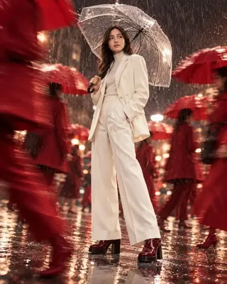 A sharply focused woman in an ivory blazer and burgundy boots stands still under a clear umbrella while a blurred crowd walks by in the rain.