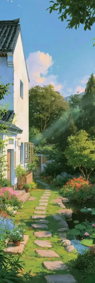 A painterly illustration of a stone garden path leading past a white house and vibrant flowers towards a pond, with sunlight filtering through trees.