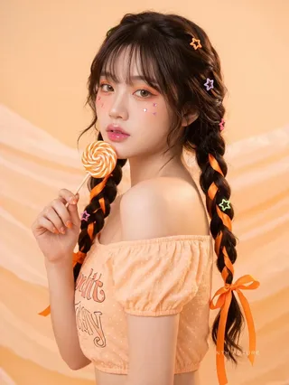 Surreal high-fashion portrait of a young Vietnamese model with braided hair, orange ribbons, and a lollipop against a monochromatic orange background.