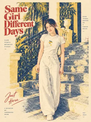 Risograph-style art poster of a woman on a motorcycle, using navy blue, cream, mustard yellow, and muted red with visible grain and misregistration.