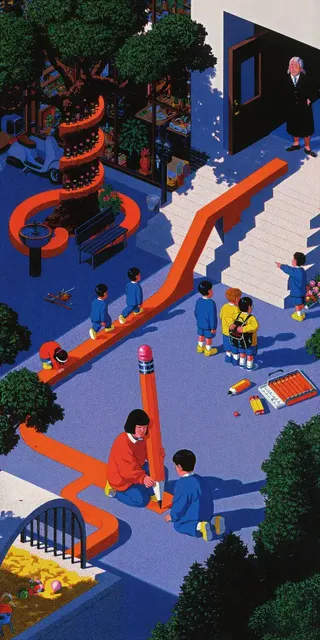 Children in a surreal outdoor scene with a giant pencil and orange pathways, rendered in a retro isometric illustration style.